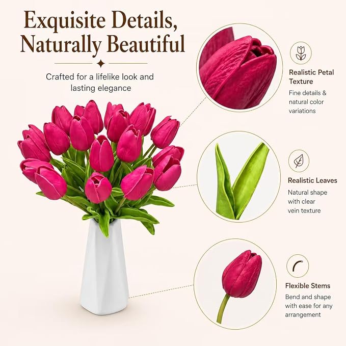 Mandy's 20pcs Artificial Hot Pink Tulips | 13.5 Inch Lifelike PU Tulips Faux - Image 4