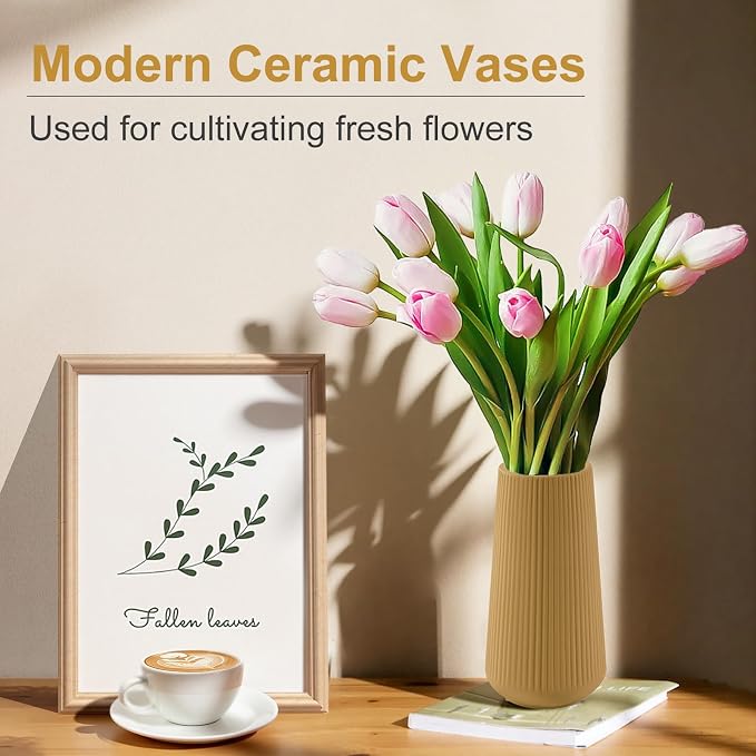 Milk Coffee Ceramic Vase, GUKJOB Small Cute Flower Vase - Image 2