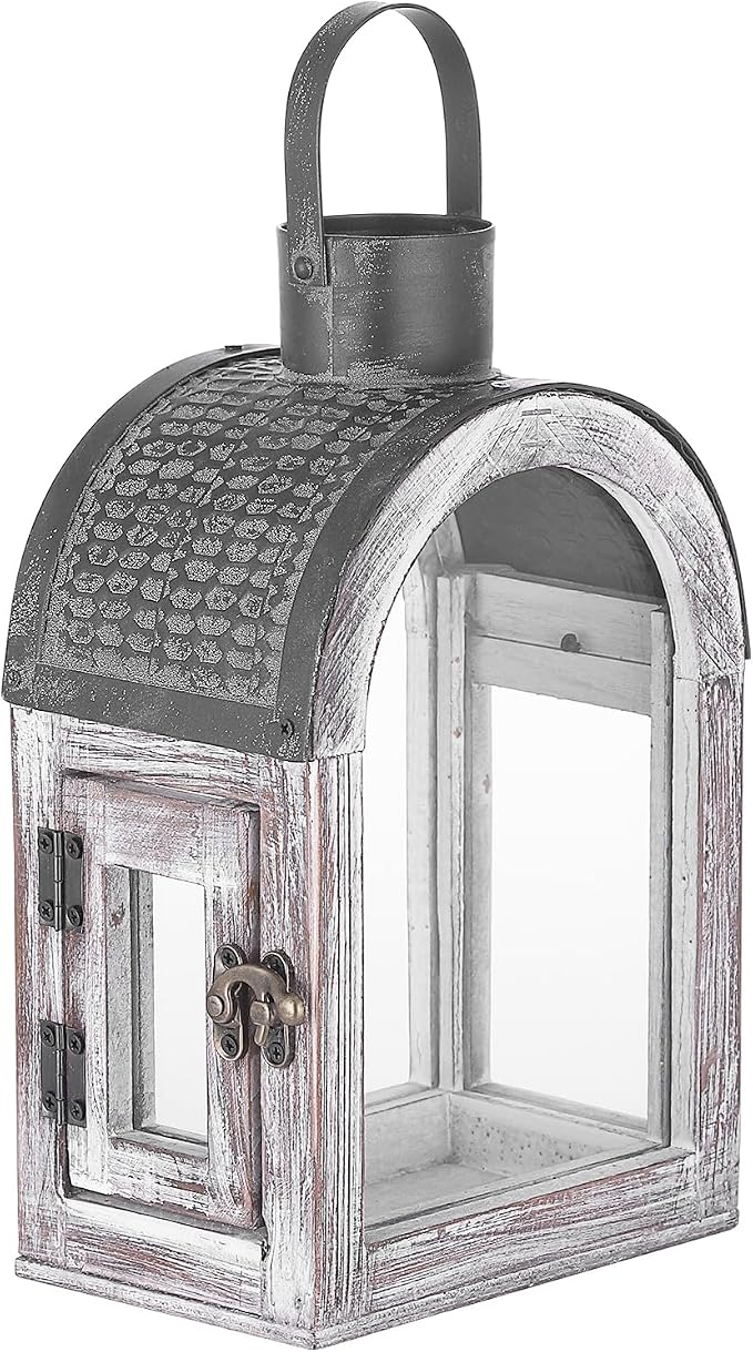 11" High Farmhouse Decorative Lanterns, Glass and Metal, Distressed White Wood by Unknown
