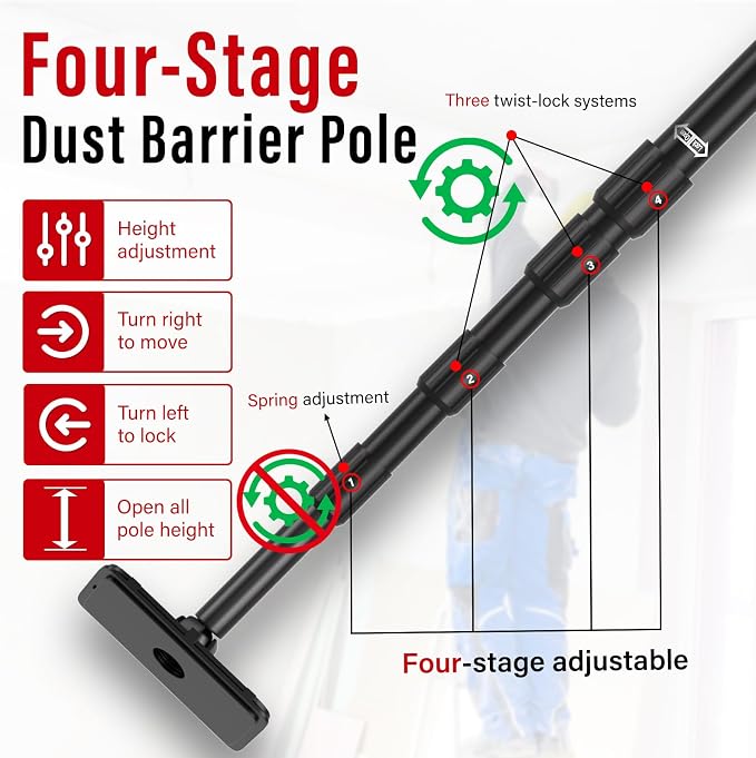12FT Dust Barrier Poles Kit, Spring Retractable Zipper Wall Poles - Image 4