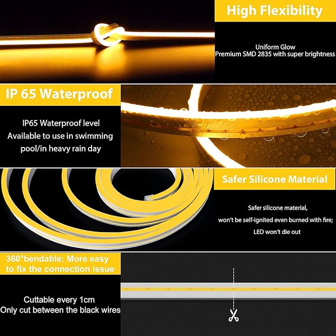 Lamomo LED Neon Lights, 16.4ft Yellow LED Strip Light, 12V 0.39In/Cut Silicone - Image 3