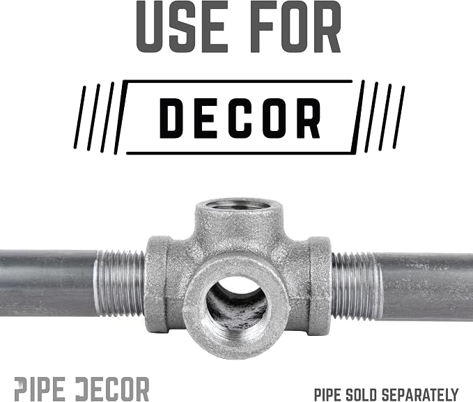 1/2" 5-way Cross Fitting, PIPE DECOR Black Malleable Iron Fittings Fit Standard - Image 2