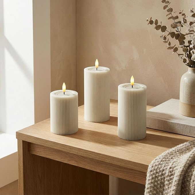Fluted Ribbed LED Pillar Candles, Cream Beige, - Image 2