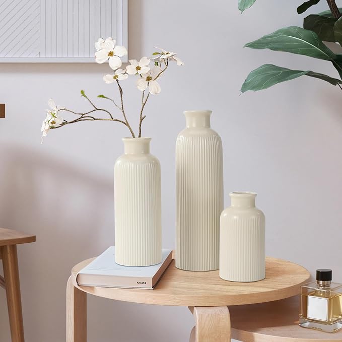 Small Beige Ceramic Vase Set of 3, Boho Modern Beige Flower Vase Room Decor - Image 6