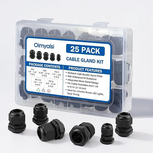 25 Pack Cable Gland Kit – IP68 Waterproof Nylon Cord Grip Connectors PG7 to PG16 - Image 7