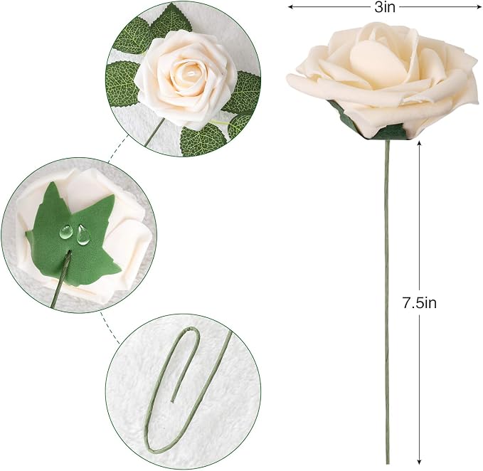 AmyHomie Champagne Rose 25pcs Real Looking Artificial Flowers w/Stem | Bouquet - Image 7