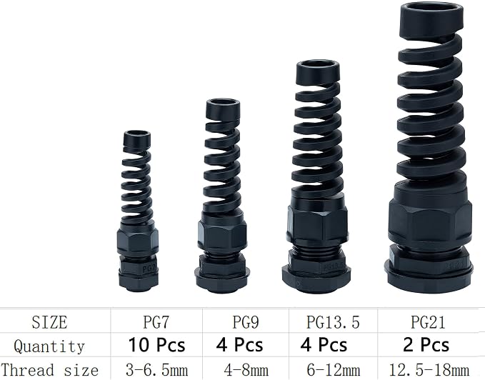 20 Pcs PG7~21 Kit Cable Gland 3-18mm Nylon Strain Relief Spring IP68 PA66 | - Image 2