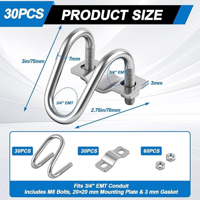 30 Pack Cross Pipe Clamp for 3/4 EMT Conduit, U-shaped Screw Bolt Crossover - Image 2
