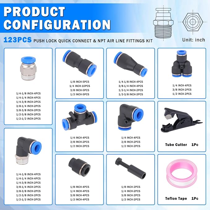 123 Pcs Quick Connect Air Line Fittings Kit Pneumatic Air Fittings | 1/8" 1/4" - Image 2
