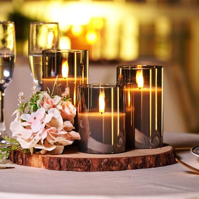 Homemory Grey Glass Flameless Candles, Real Wax, Remote Timer, 3 Pack | - Image 4