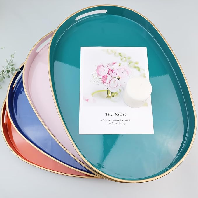 Pink Oval Decorative Tray with Handles, Versatile Serving Tray - Image 2