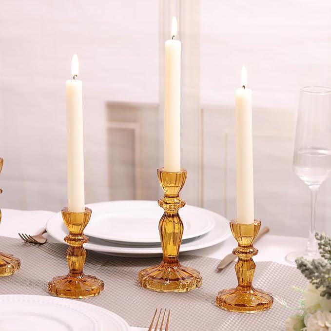 Amber Candlestick Holders Set of 6, Glass Taper Candle Holders | 4.3" H & 6.3" H - Image 6