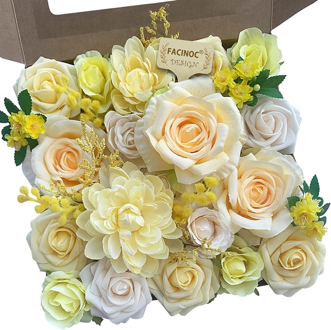 FACINOC Roses Artificial Flowers Yellow Bouquet Fake Flower Bulk Box Set | DIY by FACINOC
