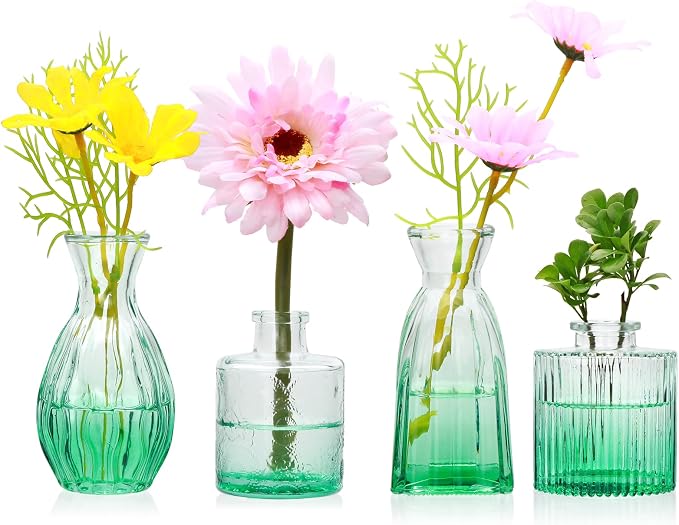 Glass Bud Vases Set of 4, Small Green Flower Vases by Mapoxy