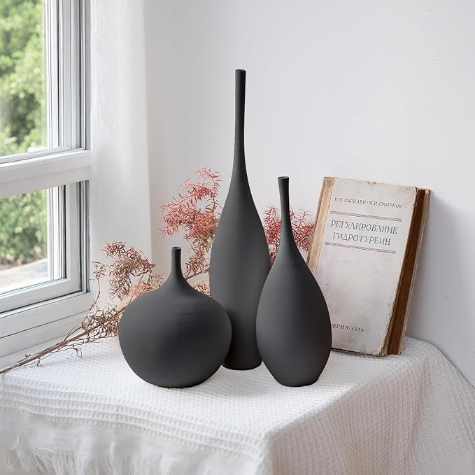Relexome Black Ceramic Vase Modern Boho Wabi-Sabi Flower Vase Set of 3 - Image 8