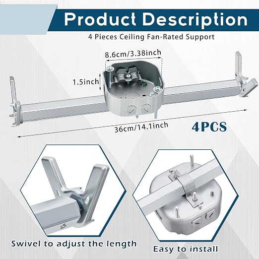Therwen 4 Pcs Adjustable Fan Electrical Box Brace 14.2 Inches Long Silver - Image 2