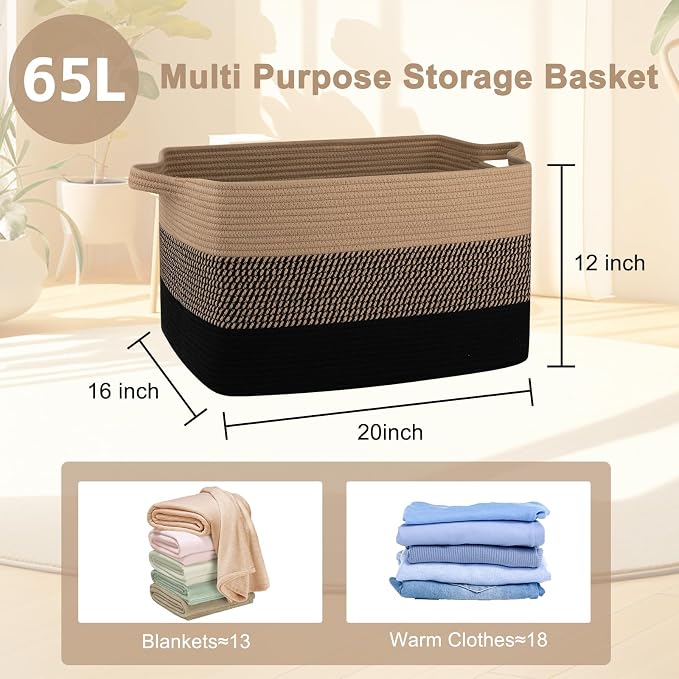 OIAHOMY Large Blanket Basket, 65L Cotton Rope Woven Laundry Basket, Toy Bin - Image 3