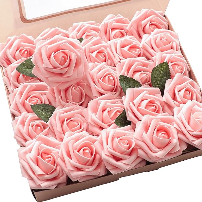 Artificial Flowers 25pcs Realistic Peach Pink Foam Fake Roses by Floroom