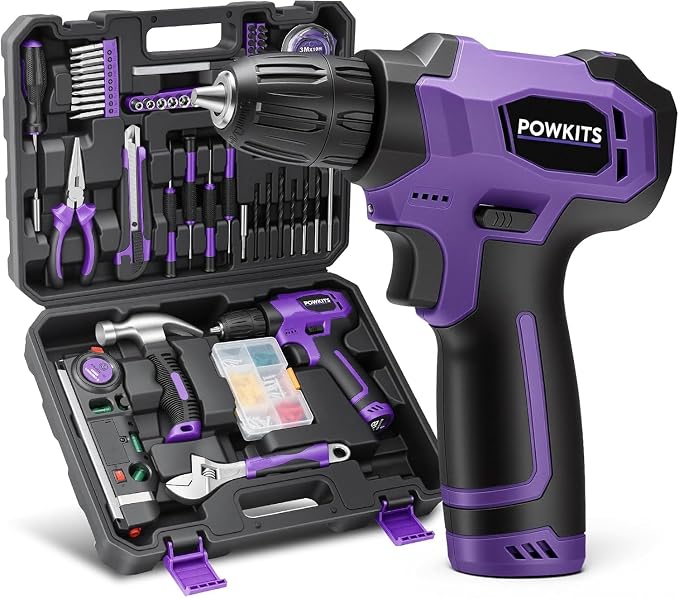 8V Purple Cordless Drill Set for Women, Starter Tool Kit by POWKITS