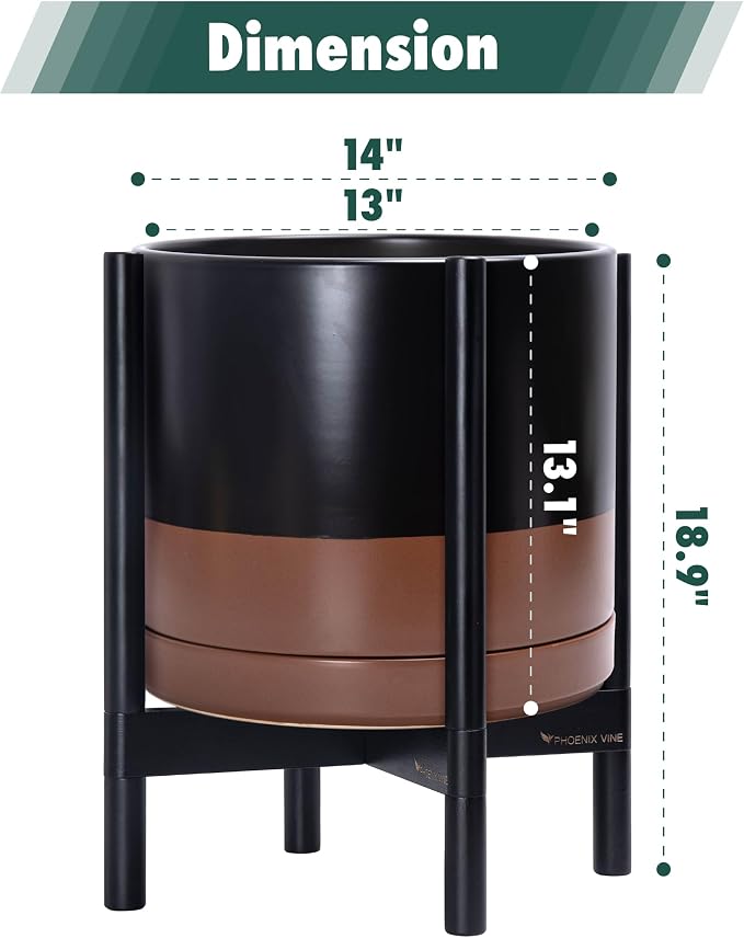 D'vine Dev Ceramic Pot with Ebony Wood Stand, 14 in, 55-B-S-7 | Mid-Century - Image 3