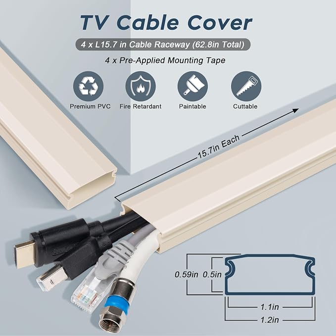 PVC Cord Hider Cable Management Wall, 62.8in TV Cable Hider | Paintable Cable - Image 2
