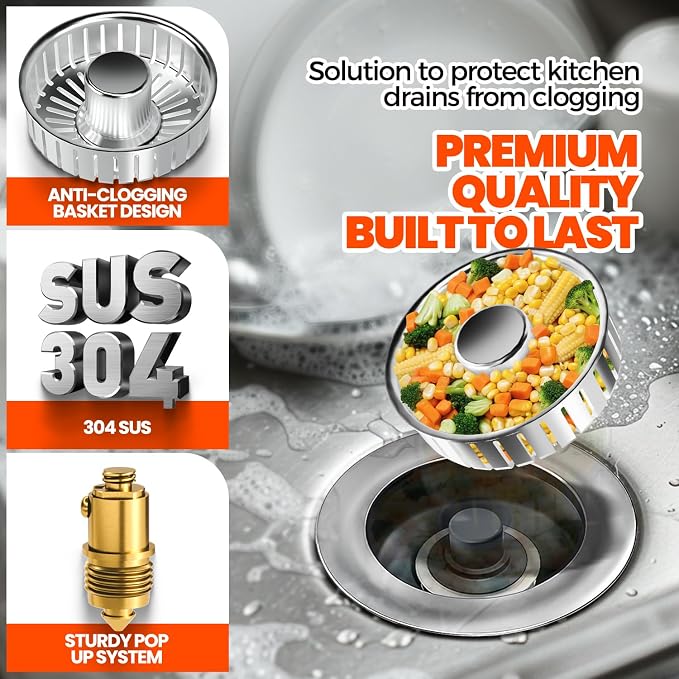 3 in 1 Kitchen Sink Drain Strainer and Stopper Brushed Silver - Image 3