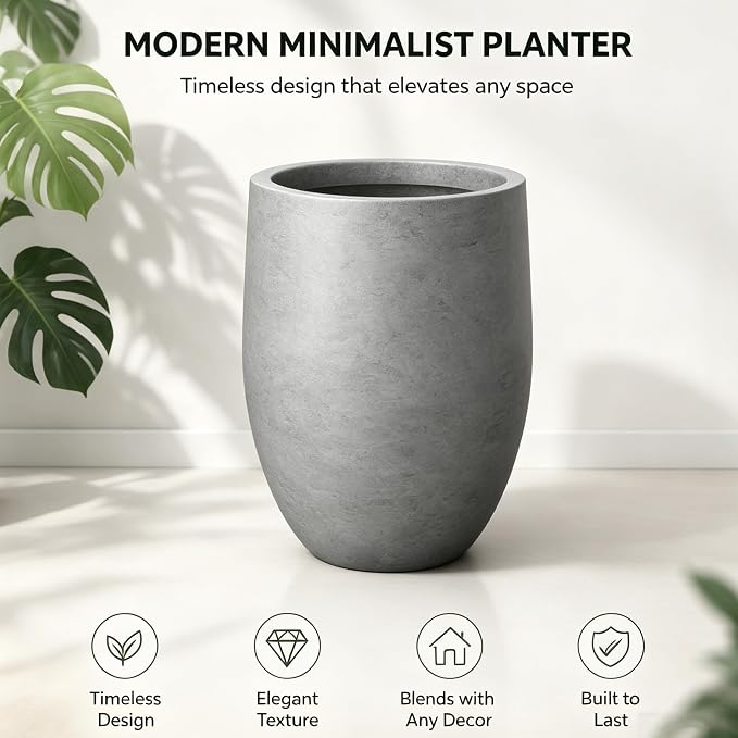 Kante Large Round Bullet Pale Gray Concrete Planter 21.7" Tall, Outdoor | - Image 3