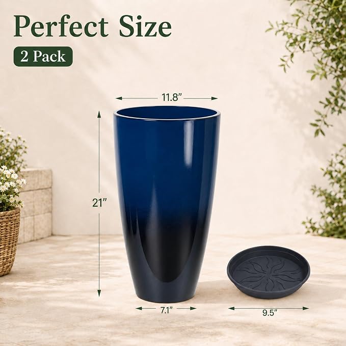 Neoaider Set of 2 Tall Planter, 21 inch Large Plastic Planter, Dark Blue | - Image 3