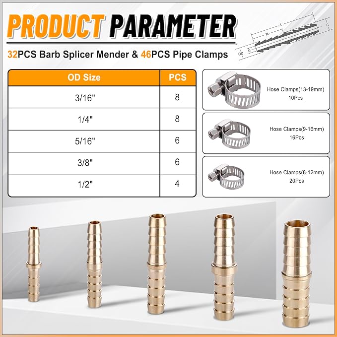 KOOTANS 32PCS Brass Hose Barb Fittings Barb Splicer Mender Hose Fittings Kit - Image 3