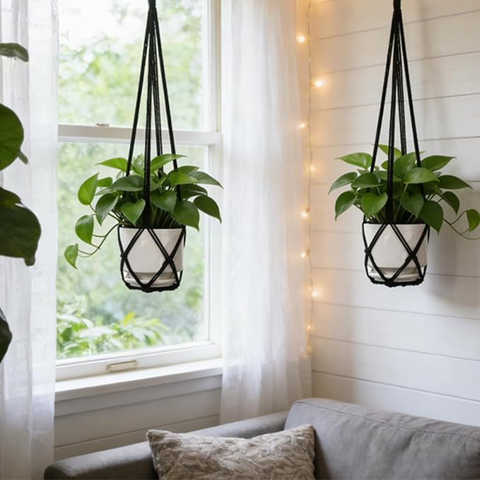 YIBOT Macrame Plant Hanger Indoor 35 Inch Hanging Planter Basket Black 2Pc | - Image 5