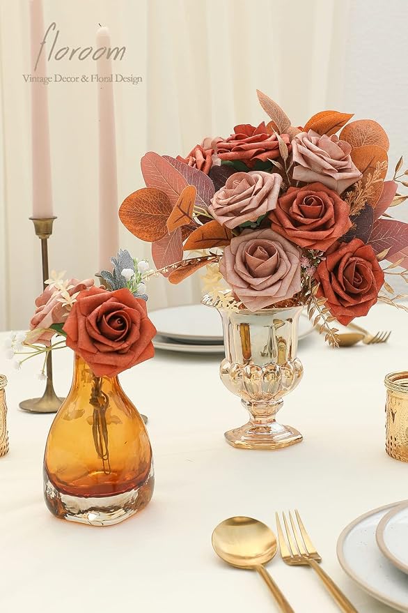 Artificial Flowers 25pcs Real Looking Burnt Orange & Warm Taupe Foam Fake Roses - Image 2