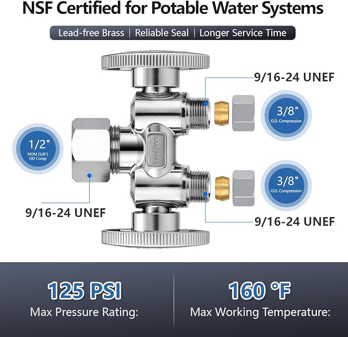 WiseWater 1/2" NOM x 3/8" OD x 3/8" OD Dual Shut Off Valve | Chrome Plated - Image 2