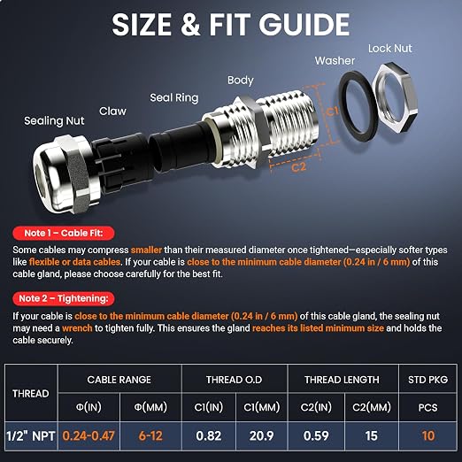 QILIPSU 4pcs 1/2" NPT 304 Stainless Steel Cable Gland Waterproof IP68 Metal - Image 5