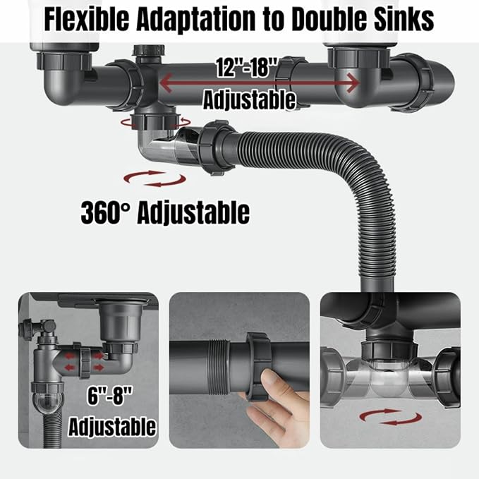 Flexible Double Kitchen Sink Drain Kit, 1-1/2 in Replacement P-Trap - Image 2