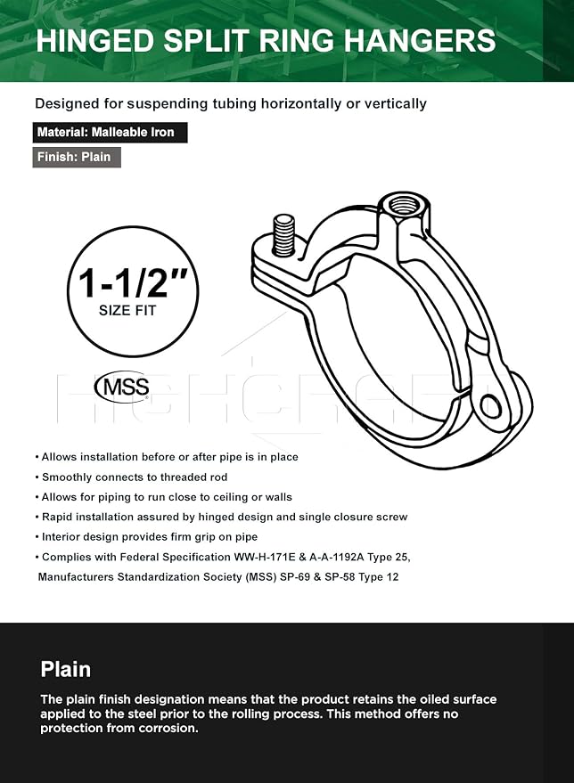HIGHCRAFT HINGB-112-5 Industrial Decor Hinged Split Ring Pipe Hanger 1-1/2 in. - Image 5