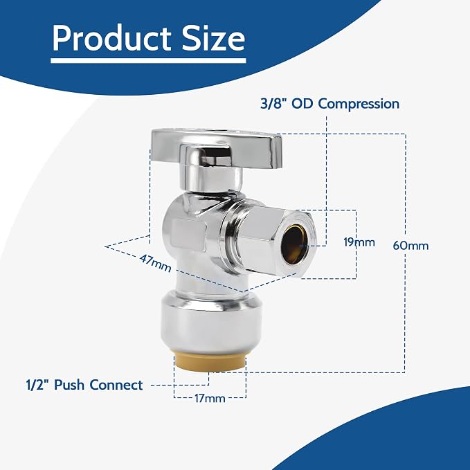 10 Pack Pushfit Angle Stop Faucet Valve, 1/2" Push-Fit x 3/8" Comp, Quarter - Image 2
