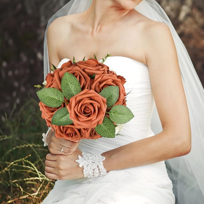 AmyHomie Burnt Orange Rose 25pcs Real Looking Artificial Flowers w/Stem | - Image 3