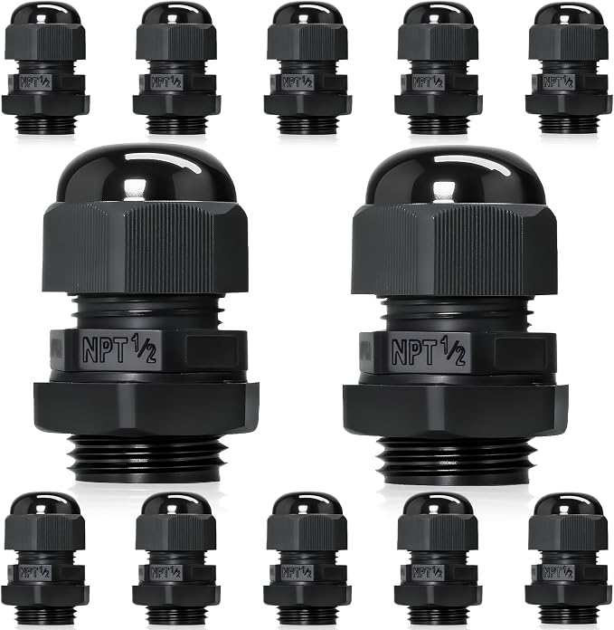 12 Pcs 1/2" NPT Black Adjustable Cable Glands by Wocloer