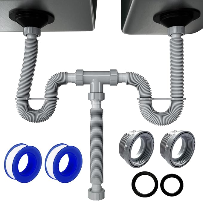 VIVIDA Double Sink Drain Pipe Kit, 1-1/2" Kitchen Sink P Trap by VIVIDA