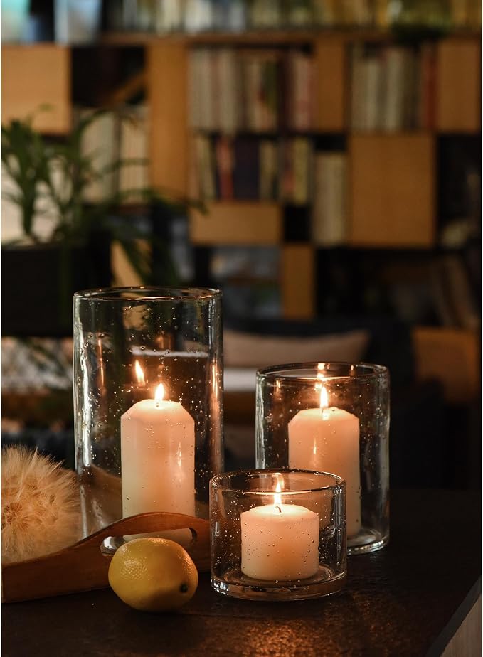 Hurricane Candle Holders Glass Cylinders Set of 3 | Clear Seeded Bubbles - Image 8