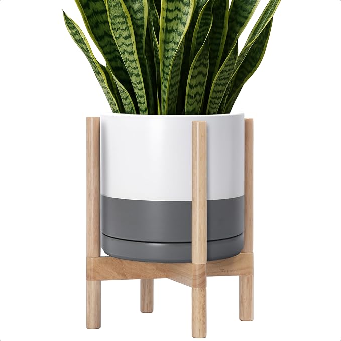 D'vine Dev Ceramic Pot with Natural Wood Stand, 12 in, 55-B-J-6 | Mid-Century by DvineDevPlanterPotsandStand