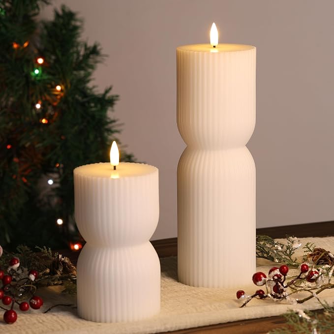 White Ribbed Flameless Pillar Candles - Image 8