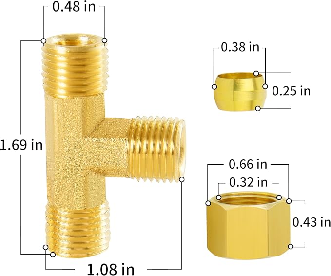 ChillWaves Brass Tee Compression Tube Fitting, 5/16" OD x 5/16" OD x 5/16" OD - Image 3