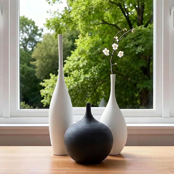 Relexome White Ceramic Vase Modern Wabi-Sabi Black Flower Vase Set of 3 - Image 3