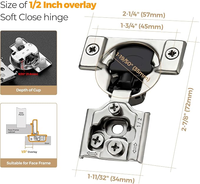 Soft Close Hinges for Kitchen Cabinet Hinges, 1/2 Inch Overlay, 60 Pack | 30 - Image 3