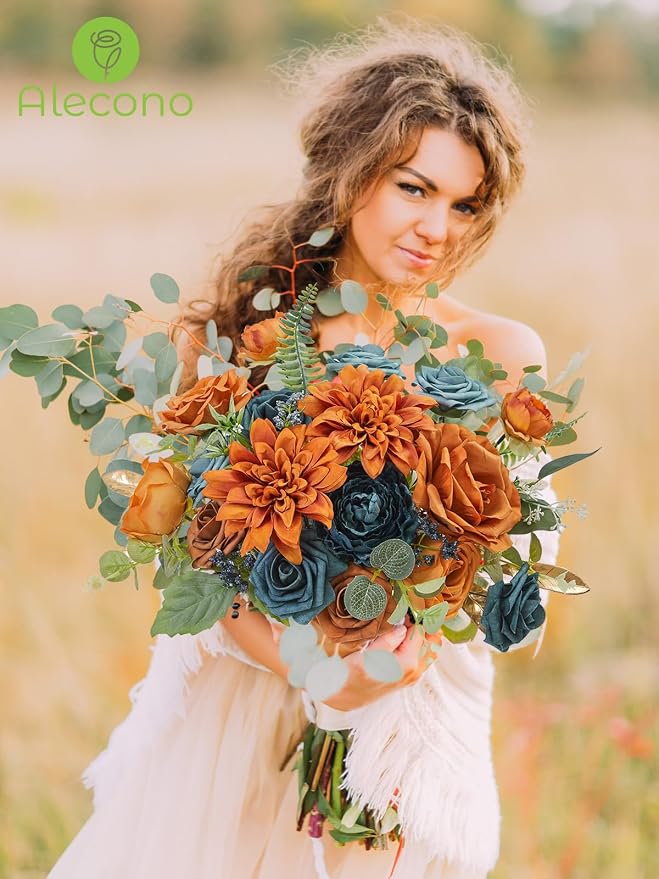 Alecono Orange and Teal Artificial Flowers, Silk Fake Floral Set | - Image 4