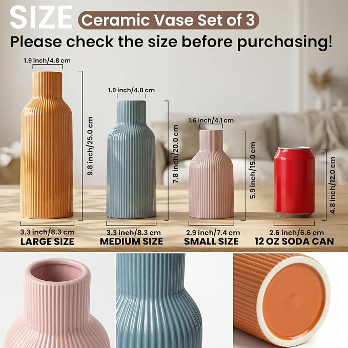 Colorful Ceramic Vases Set of 3, Smooth Round Vertical Ribbed, Minimalist - Image 2