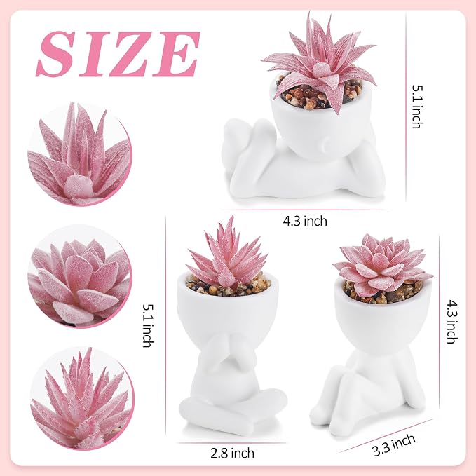 Der Rose 3 Pack Pink Fake Succulents in Human-Shaped Pots - Image 3
