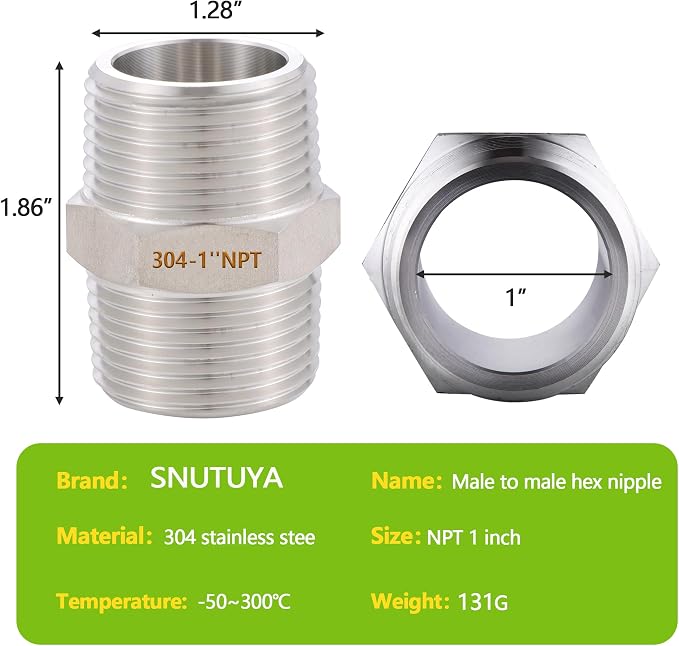 2PCS Hex Nipple 1" x 1" Male Pipe Fittings, 304 Stainless Steel 1 inch NPT - Image 2