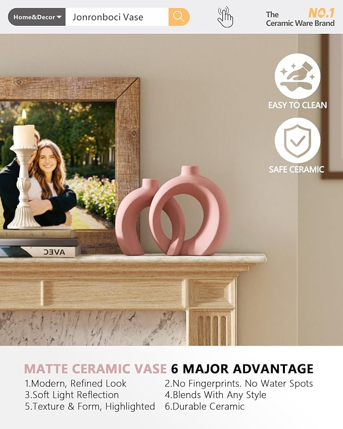 Set of 2 Pink Ceramic Vases for Home Decor Accents - Image 5